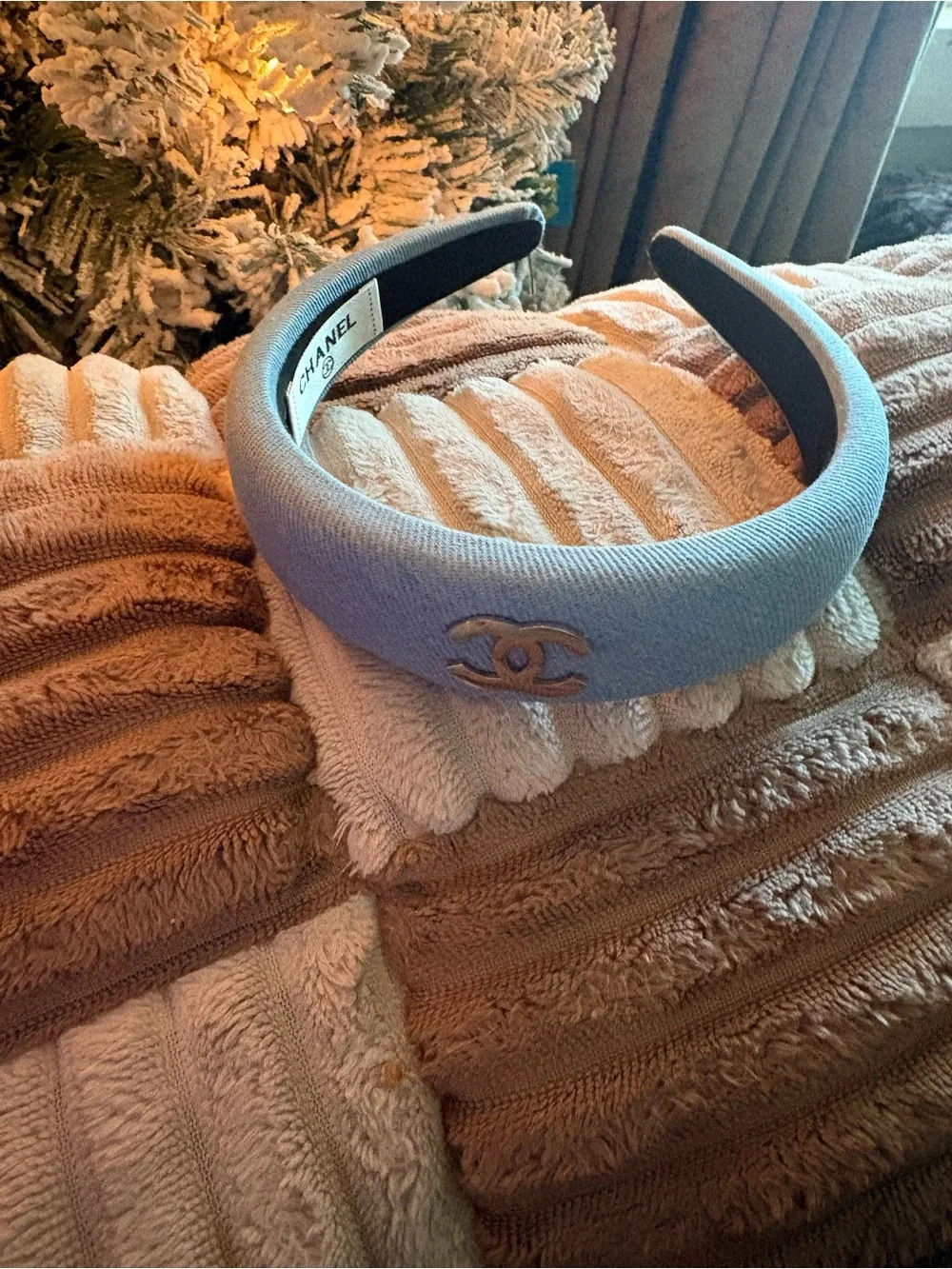 FASHION Luxury Padded Blue Headband with Silver Logo Accent